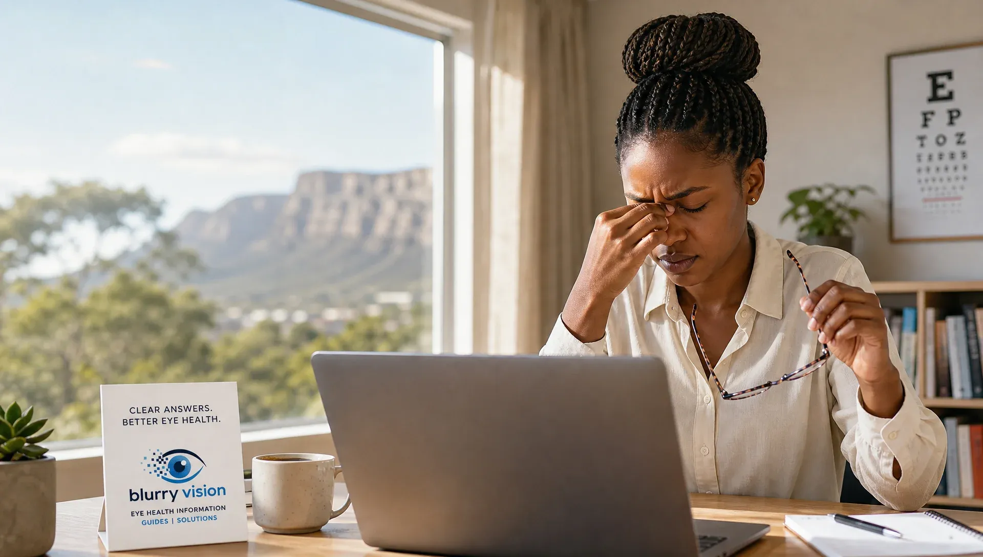South African office worker with screen fatigue blinking to clear blurry vision at a laptop