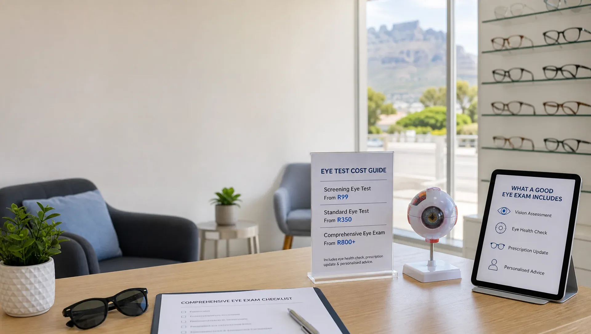 South African optometrist using a slit‑lamp during a comprehensive exam, contrasting R99 screenings with R800+ full assessments