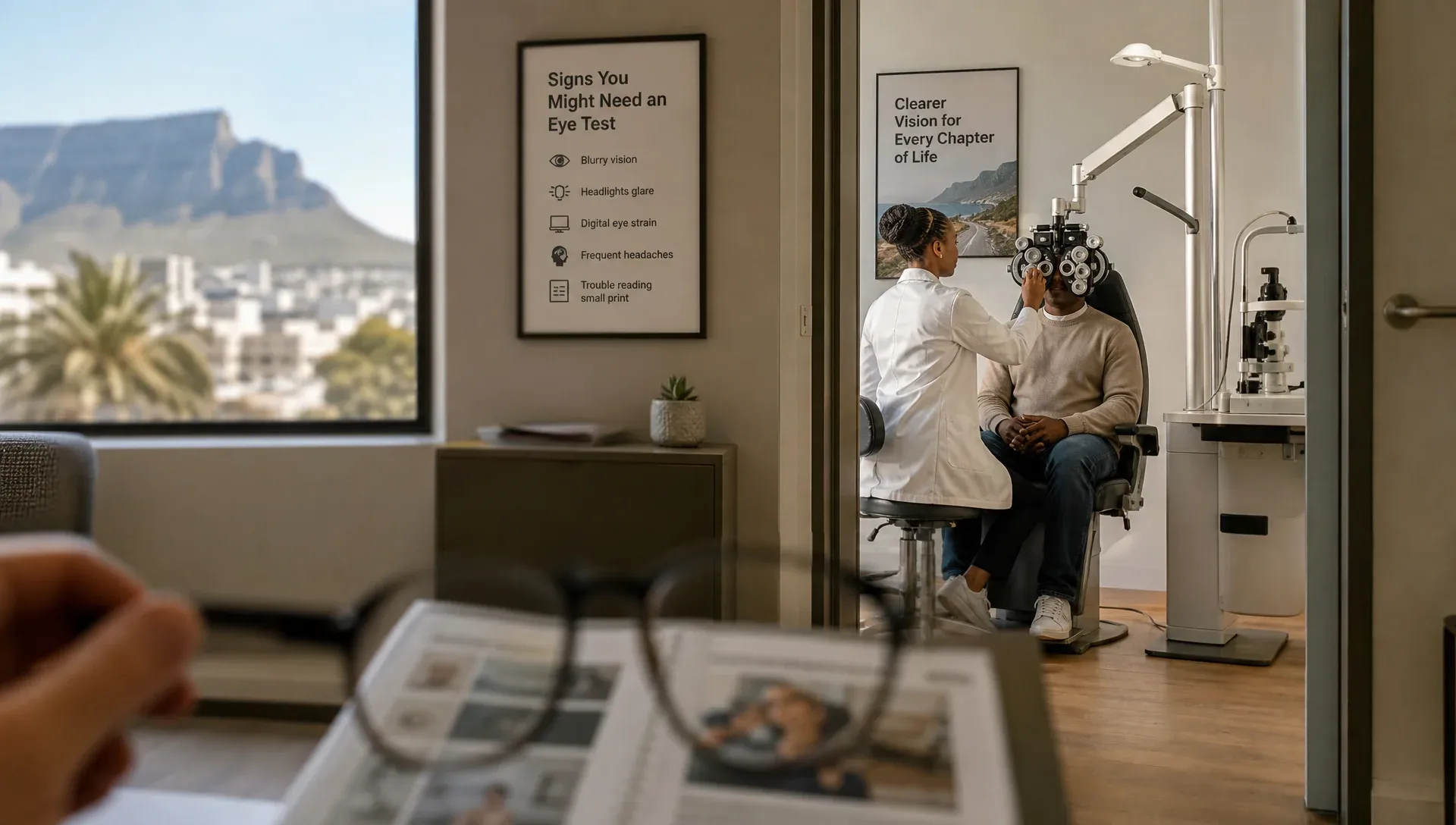 South African optometrist performing a comprehensive eye test with an autorefractor and slit lamp