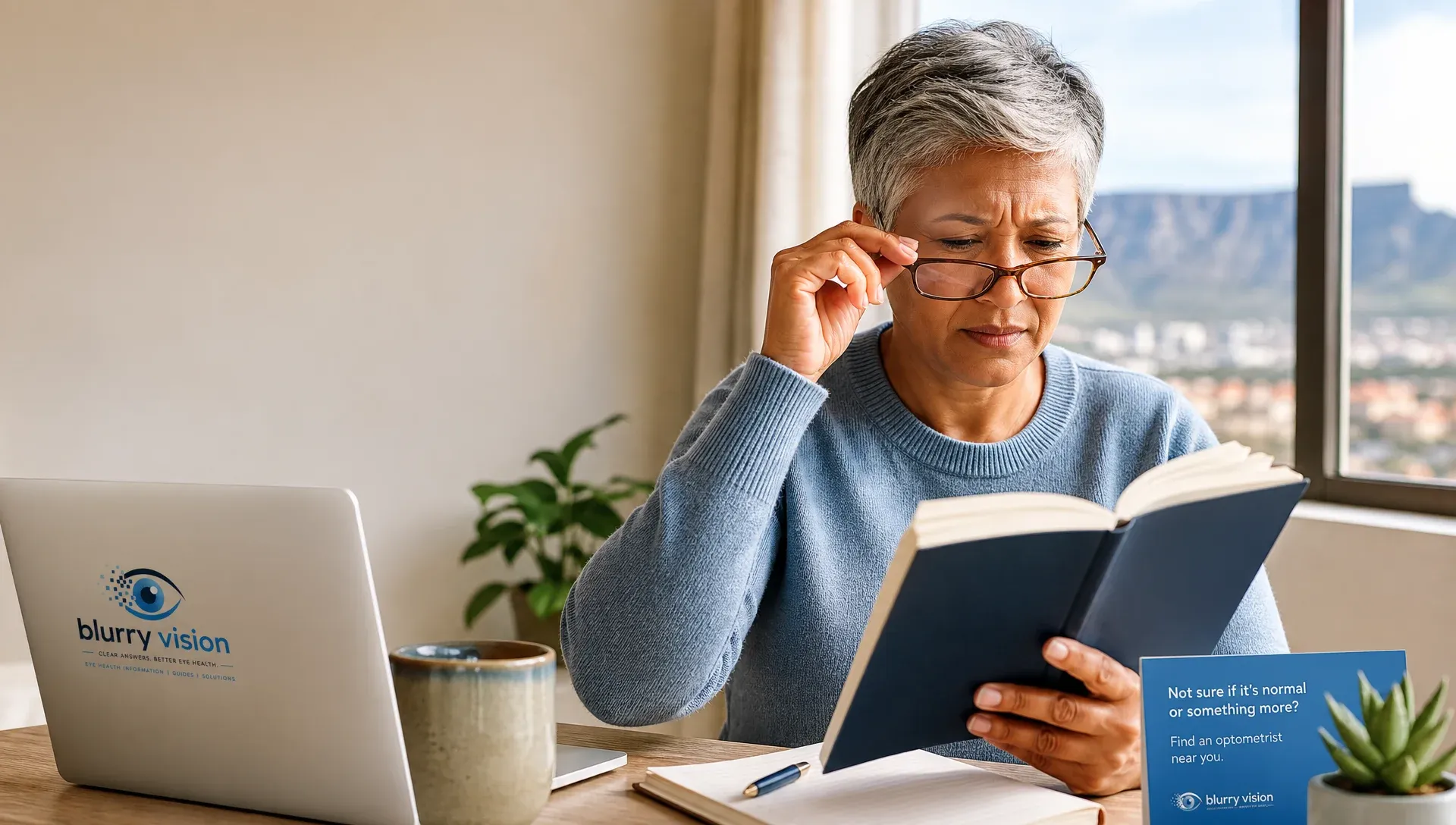South African adult over 40 holding a phone at arm’s length with reading glasses and a laptop nearby, showing subtle screen fatigue