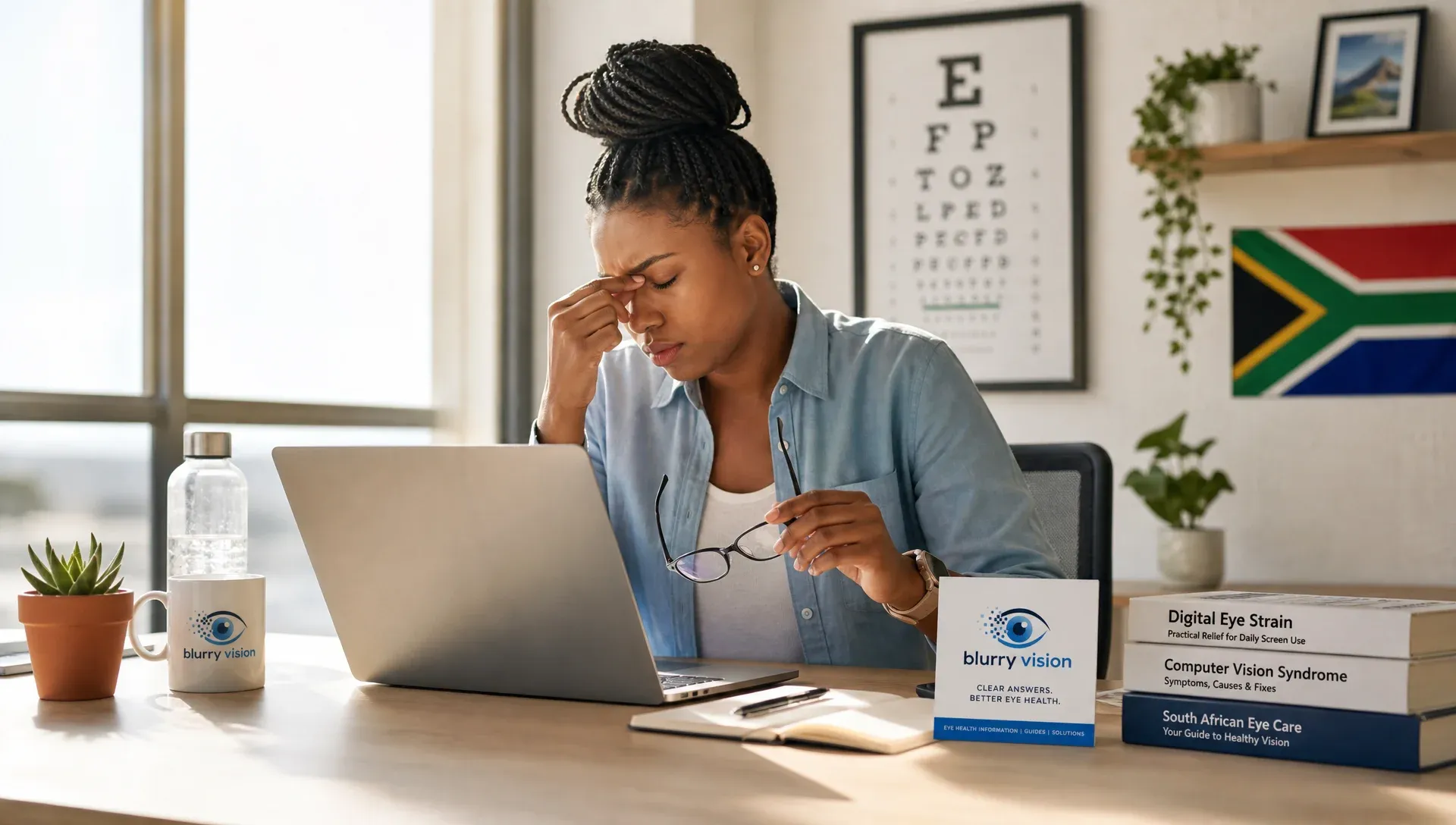 South African professional in a Sandton office squinting at a bright laptop, showing screen fatigue and dry eyes